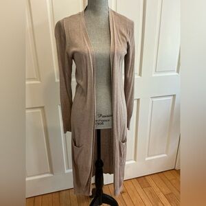 Long Open-Front Women's Cardigan Sweater in Taupe